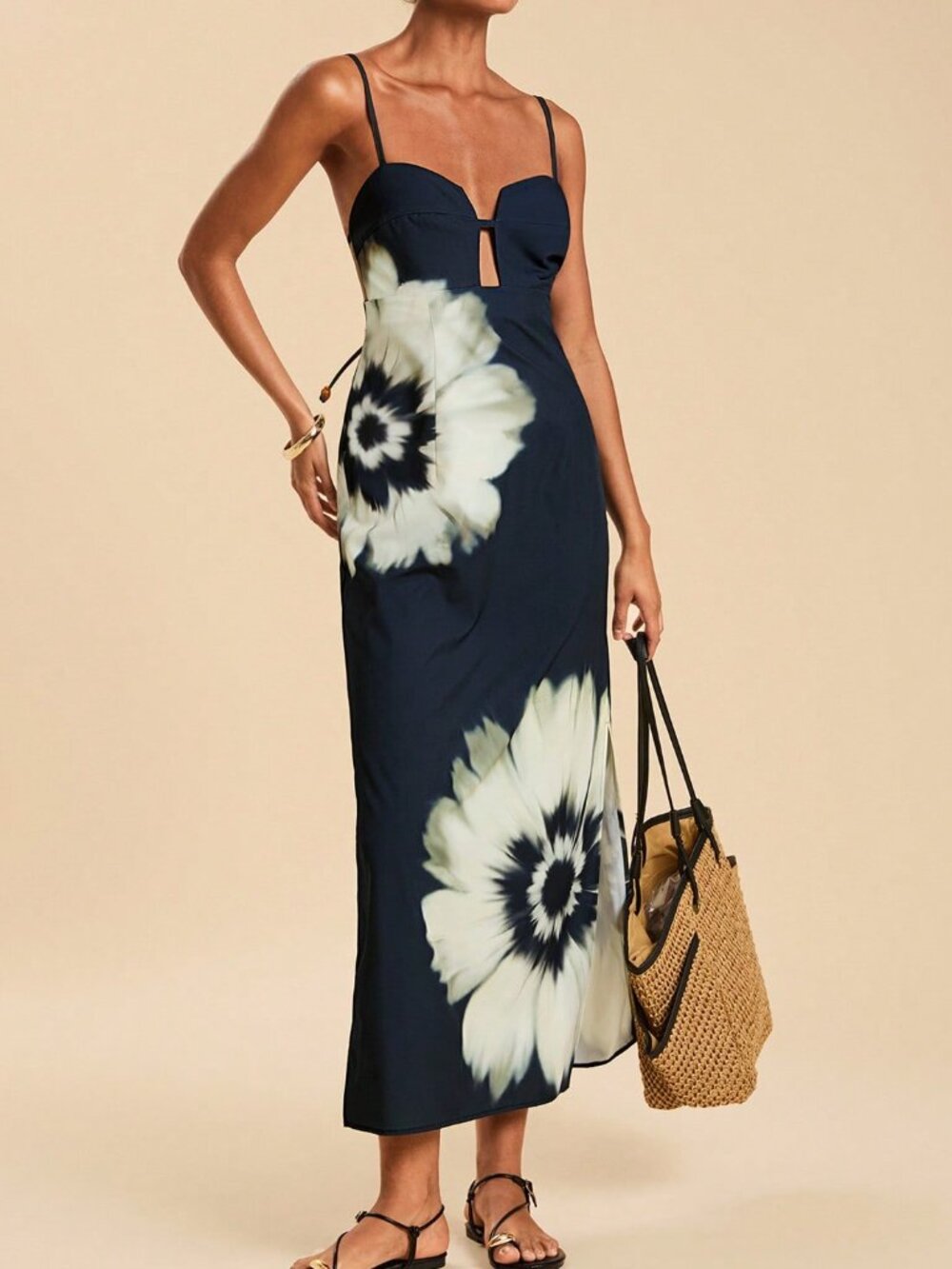 Black And White Elegant Women's Floral Print Casual Vacation Maxi Slip Dress - Picture 5 of 7